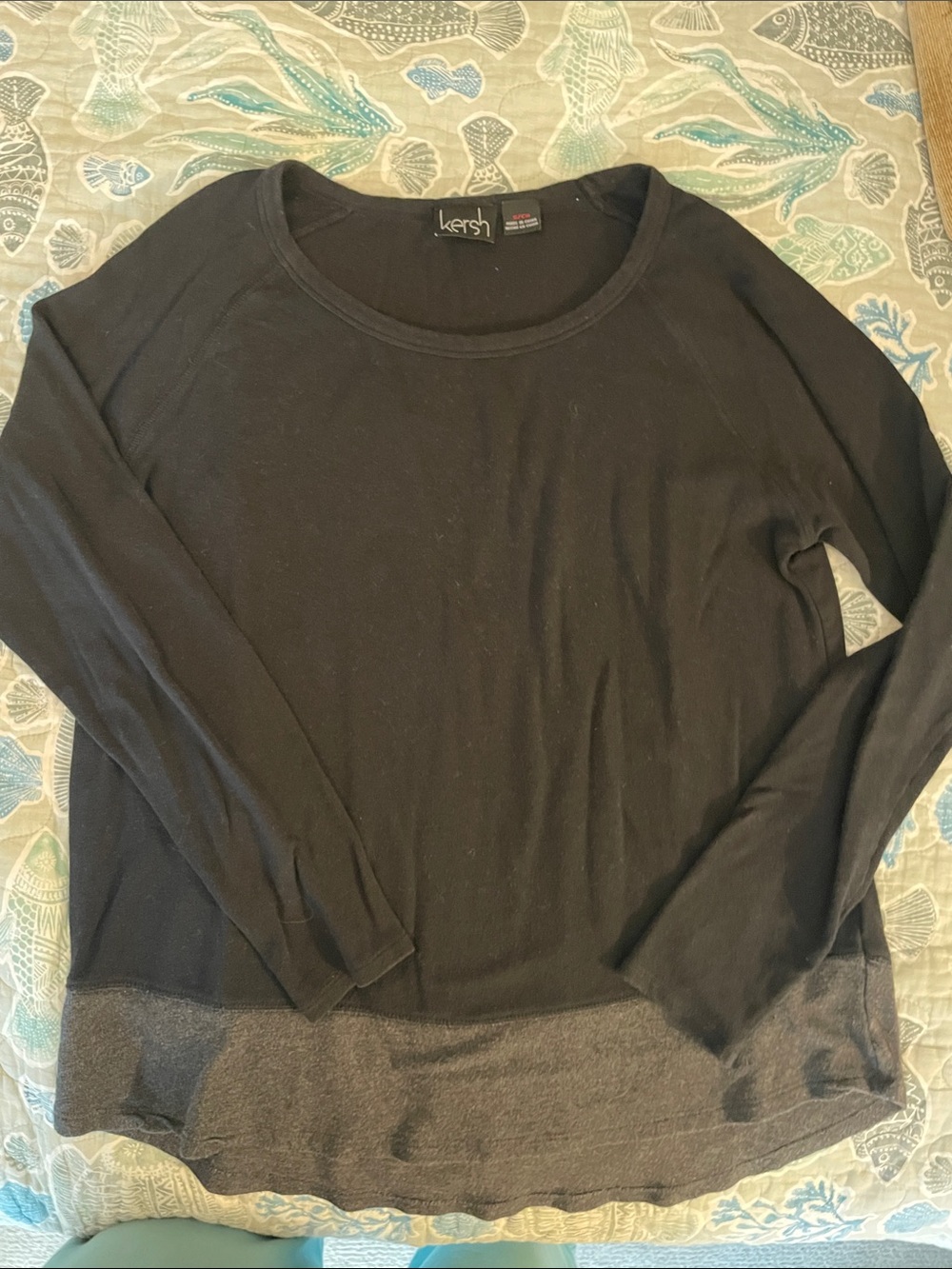Kersh Black Long Sleeve Tee with Gray Contrast Hem
